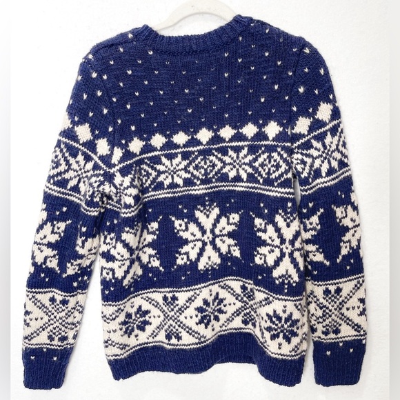 Lands’ End Snowflake Sweater Wool Blend Navy White Thick Size Medium - Picture 2 of 4